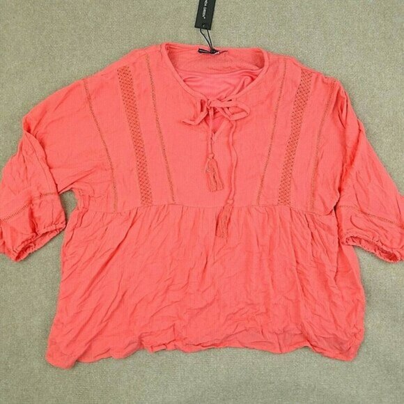 Amanda Green Women L Coral Peach Two Piece Drawstring Long Sleeve Peasant Blouse - Picture 1 of 8